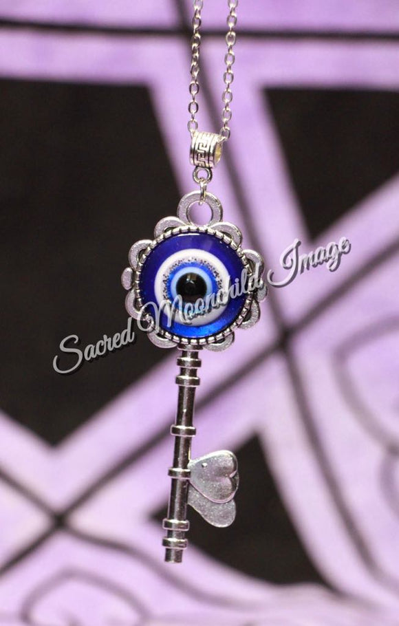 Blue Evil Eye Protection Key Necklace