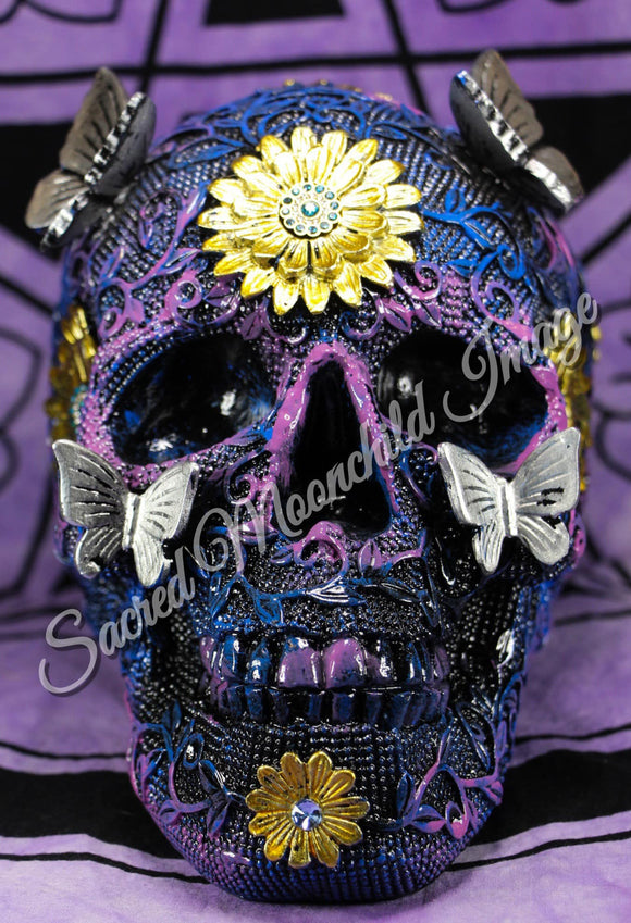 Marble Skull With Silver Butterflies