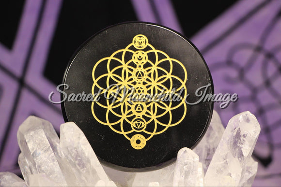 Black Agate Disc Engraved Chakra