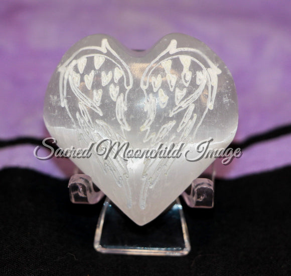 Selenite Heart Engraved Angel Wings